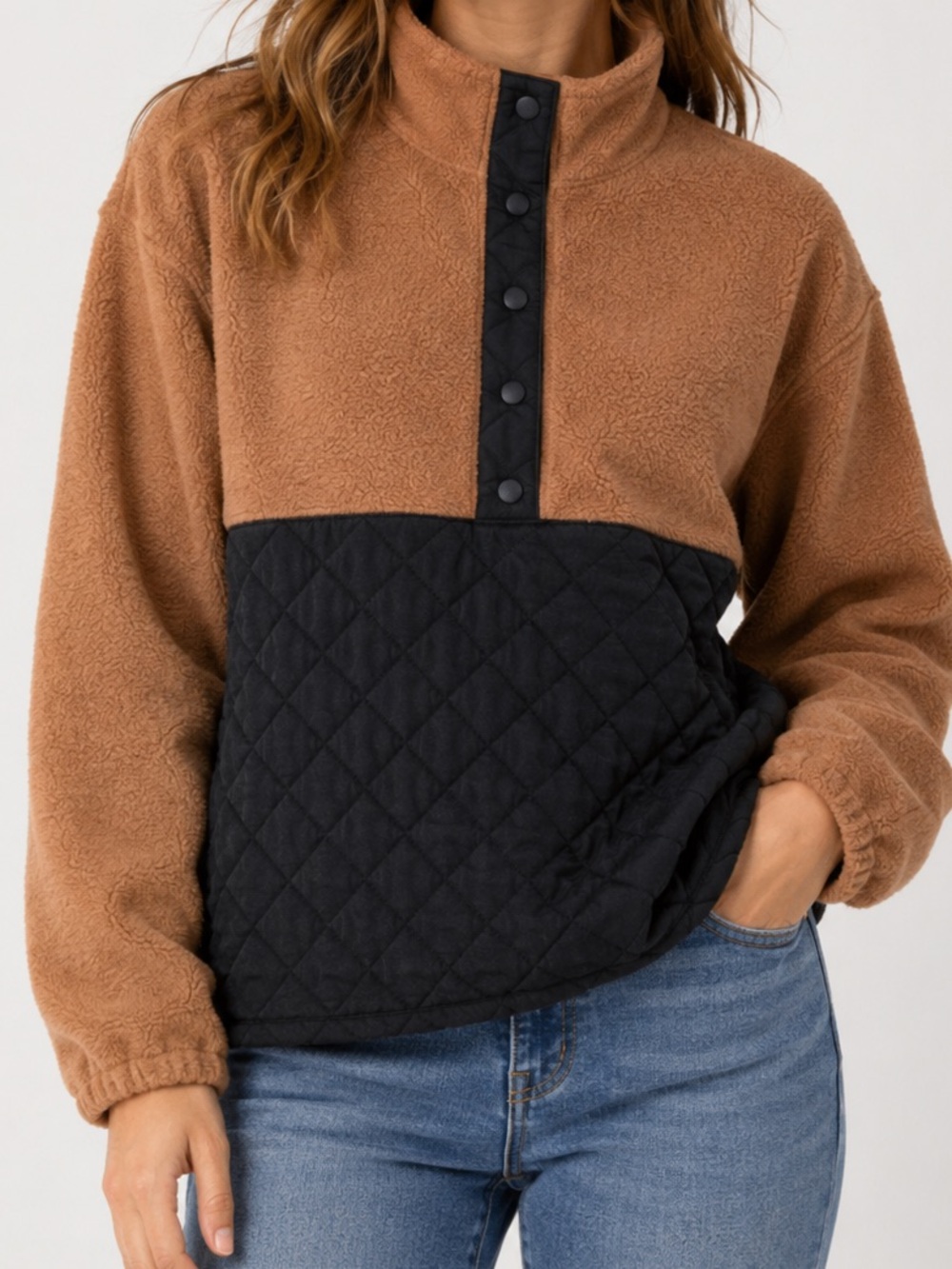 J.Crew Factory Womens Quilted Sherpa Pullover Fleece Large Camel Black Half Snap